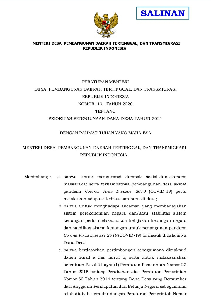 Permendes PDTT No. 13 Tahun 2020
